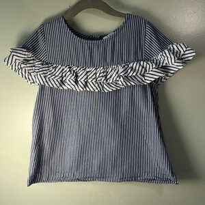 Crown And Ivy‎ Kids Blue And White Striped short Sleeve Shirt W Ruffle, Size 7
